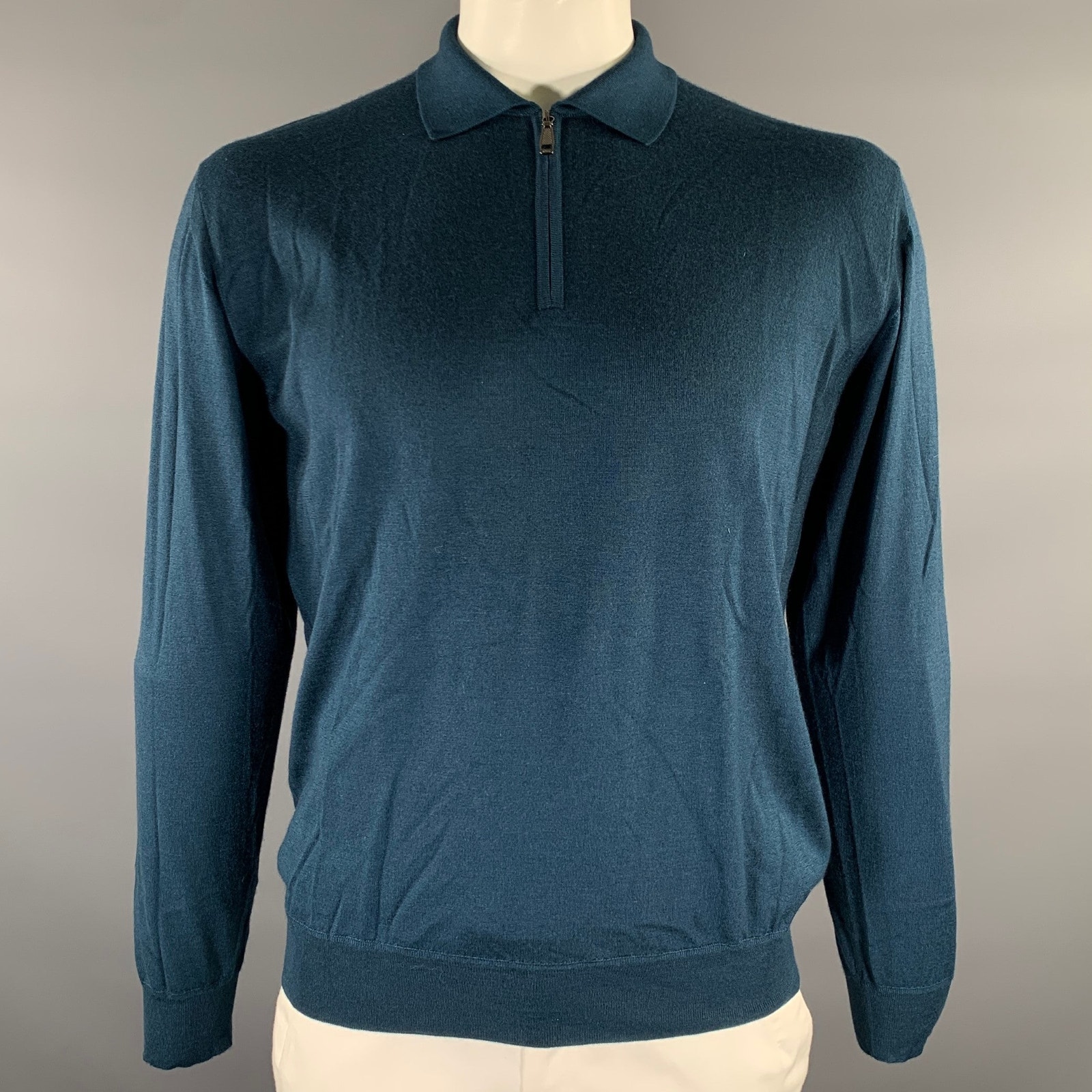 Brioni Size Xxl Blue Teal Knitted Cashmere Silk Quarter Zip Pullover